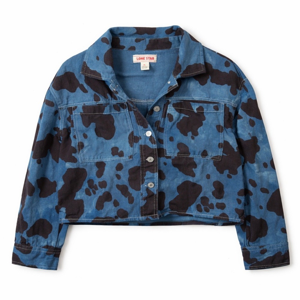 Blue Cow Print Cropped Denim Jacket Womens XL Cotton Western Boho Cowgirl Goth